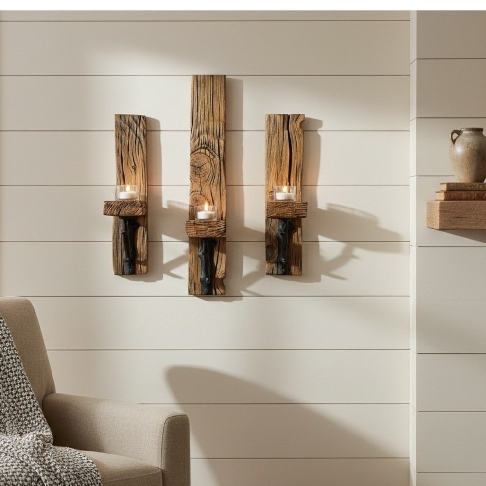 Rustic Reclaimed Wood Wall Sconce Set 3pc Floating Shelf Cast Iron‎ Branch Brown